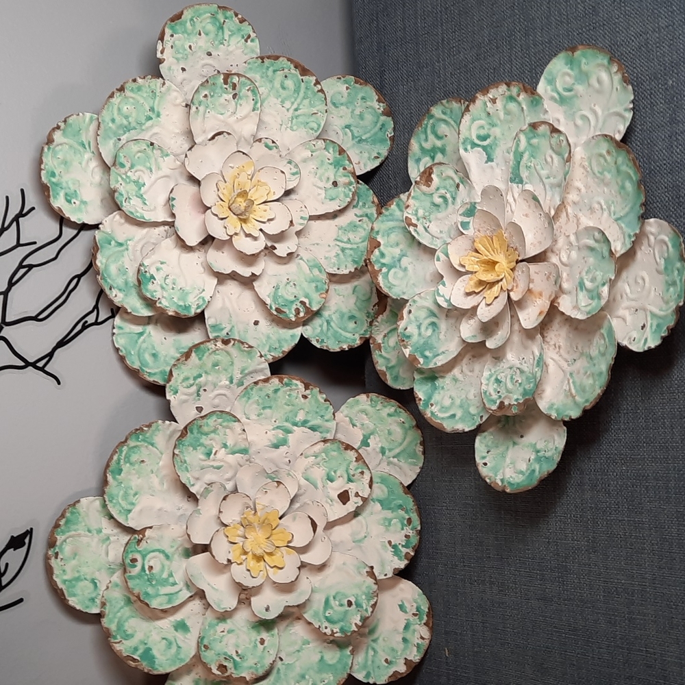 Teal Flower Metal Wall Art Hanging Home Decor Urban Farm Rustic Garden 3pc NWT